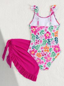 SHEIN Traje de baño de una pieza con estampado de criaturas marinas para niñas preadolescentes, con diseño de tirantes y volantes, elegante y de moda, adecuado para vacaciones, natación y playa en verano - Multicolor - Ver 2