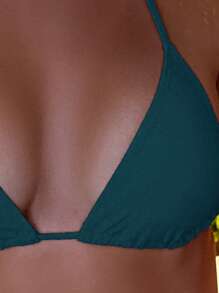 Swim Basics 纯色颈部系带露背比基尼上衣 - 青碧色 - 查看 3