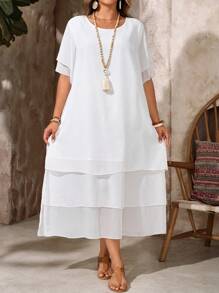 EMERY ROSE 大码休闲连衣裙，白色圆领无袖不对称下摆飘逸节日波西米亚连衣裙，适合春夏季波西米亚风格女式夏季连衣裙西方女装度假白色女式连衣裙乡村音乐会服装乡村服装女式，飘逸连衣裙分层连衣裙纱布女式白色休闲连衣裙女式夏季连衣裙 - 白色 - 查看 6