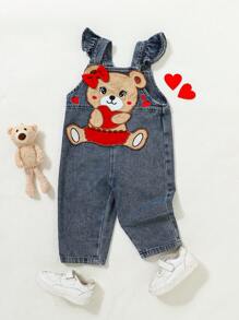 SHEIN Playful Pals Baby Girl Cartoon Bear Applique Ruffle Trim Jumpsuit - Blue - View 2