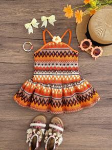 SHEIN Gaun Bayi Perempuan Kasual Sederhana Nyaman Model Halterneck Bergaris Motif Bunga 3D - Jeruk - View 2