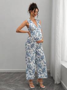 SHEIN Shirred Maternity Jumpsuit With Zipper Back And Digital Print, Full Length Pants - Blue and White - View 4