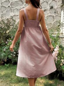 SHEIN Maternity Summer Wide Strap Front Button-Up Shirred Striped Adjustable Shoulder Strap Nursing Dress - Brown - View 2