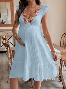 SHEIN Ruffle Sleeve V-Neck Textured Maternity Dress - Baby Blue - View 3