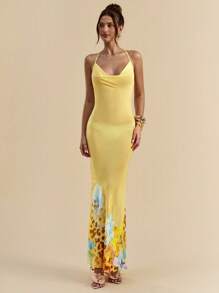 SHEIN BAE Sexy Backless Leopard & Floral Print Tied Neck Slim Fit Elegant Dress, Suitable For Beach Holiday - Yellow - View 4