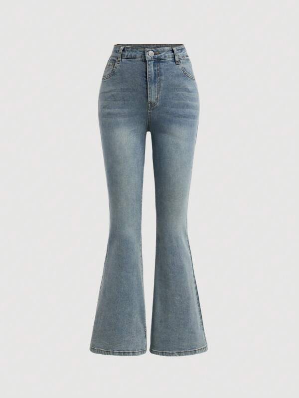 SHEIN Girlism Teen Girls' Solid Color Simple Daily Flared Jeans Trousers