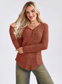 SHEIN LUNE Áo thun nữ tay dài cổ chữ V màu trơn có nút trang trí, họa tiết gân, thường ngày, mùa thu - Rỉ Nâu - Xem 3