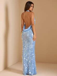 SHEIN BAE Váy Maxi sequin dự tiệc mùa hè hở lưng màu xanh lam, cổ yếm bất đối xứng, trang trí khóa kim loại hở lưng, váy Maxi dự tiệc sequin lấp lánh, váy dự tiệc, váy ôm sát, trang phục câu lạc bộ gợi cảm cho phụ nữ - Màu xanh nhạt - Xem 1