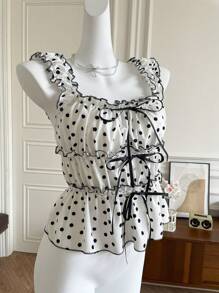 Comfortcana Women's Summer Polka Dot Contrast Color Ruffle Trim Camisole - Black and White - View 1