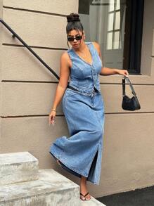 SHEIN ICON Plus Size Distressed Wash Blue Loose Slit Denim A-Line Skirt - Blue - View 3