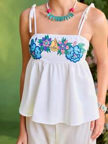 Frida Kahlo X SHEIN X Designer Oxana Summer Vacation Holiday Floral Print Knot Shoulder Babydoll Cami Top