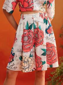 Frida Kahlo X SHEIN X Designer KATHARSIS Summer Floral Printed High-Waist Wide Leg Shorts Women Summer Outfits