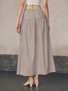 Almamuse Coffee Brown Striped Split Ruched Design Casual Beach Vacation Skirt - Coffee Brown - View 3