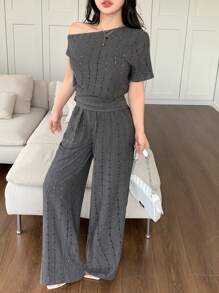 DAZY Damen Sommer & Frühling/Herbst Hohlmuster Jacquard asymmetrische Schulter locker lässig Sportbekleidung 2 Stücke Set Loungewear Sets für Damen Kurze Sets für Damen - Dunkelgrau - Übersicht 10