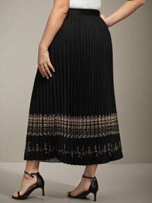 Flouryn Plus Size Women's Black Pleated Pattern Elastic Waist Casual Skirt For Outdoor, Commute, Work Maxi Fall Cloth For Women - Multicolor - View 2