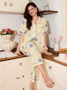 SweetSlumber Plus Size Women Letter Bow Print Lapel Collar Contrast Stitch Top & Pants Pajama Set - Multicolor - View 1