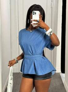 Slaydiva Women Solid Color Waist Band Round Neck Short Sleeve Denim Top, Summer Denim Top Vacation Y2k Cute Going Out Tops - Medium Wash - View 6