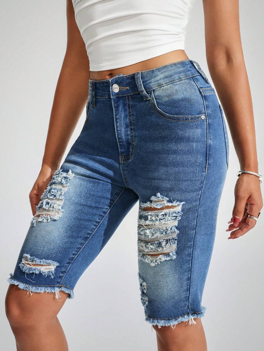 SHEIN Essnce Ripped Pocket Color Contrast Casual Versatile Skinny Denim Capri Pants - Dark Wash - View 1