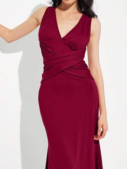 Roylia Women's Solid Color Cross Back Sleeveless Fishtail Hem Dress, Suitable For Summer