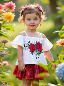 SHEIN Niedliches gestricktes Tanktop mit floralem Muster, Set aus geometrischen Shorts und Haarband für Baby-Mädchen - Verschiedenfarbig - Übersicht 2