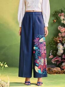 Israel Jasso Frida Kahlo X SHEIN X Designer Quần ống rộng in họa tiết hoa cho kỳ nghỉ hè của phụ nữ - Nhiều màu - Xem 5