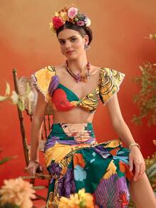 Redefinition Frida Kahlo X SHEIN X Designer Floral Print Off Shoulder Twist Front Crop Top Flounce Ruffle Sleeve For Women Summer Vacation - Multicolor - View 9