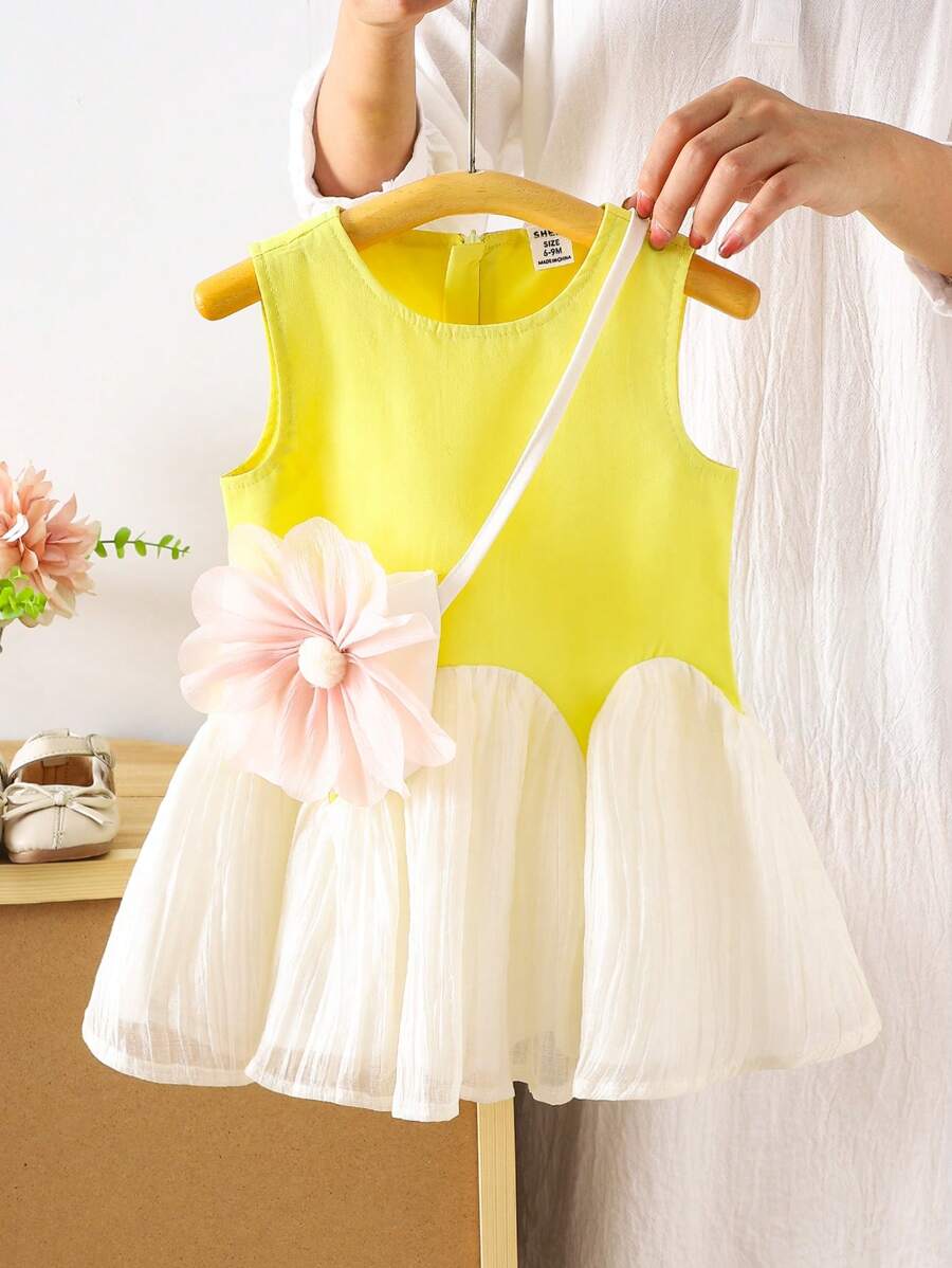 女孩夏季美人鱼尾巴荷叶边拼布公主裙，配迷你钱包 - 黃色 - 查看 1