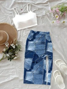 Soleia 2pcs/Set Women's Casual & Holiday Style Indigo Mechanical Texture Print Top And Shorts Set, Suitable For Summer Vacation - Multicolor - View 6