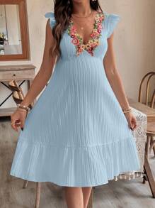 SHEIN Ruffle Sleeve V-Neck Textured Maternity Dress - Baby Blue - View 4