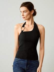 Uhlyne Women's Solid Color Metal Ring Decor Halter Neck Summer Waist Top, Elegant & Sexy