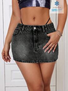 SHEIN ICON 女式休闲街头时尚性感低腰水洗牛仔迷你裙 - 深灰色 - 查看 7