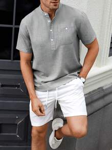 Manfinity CasualCool 2 buc/set bărbați vară patchwork buzunar Henley mânecă scurtă cămașă și pantaloni scurți cu șnur în talie
