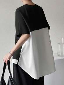 FRIFUL Women Summer Round Neck Patchwork Asymmetrical Hem Loose Colorblock Casual Short Sleeve T-Shirt Black White Top Asymmetrical Top Black And White Top Layered Top Two Tone Top