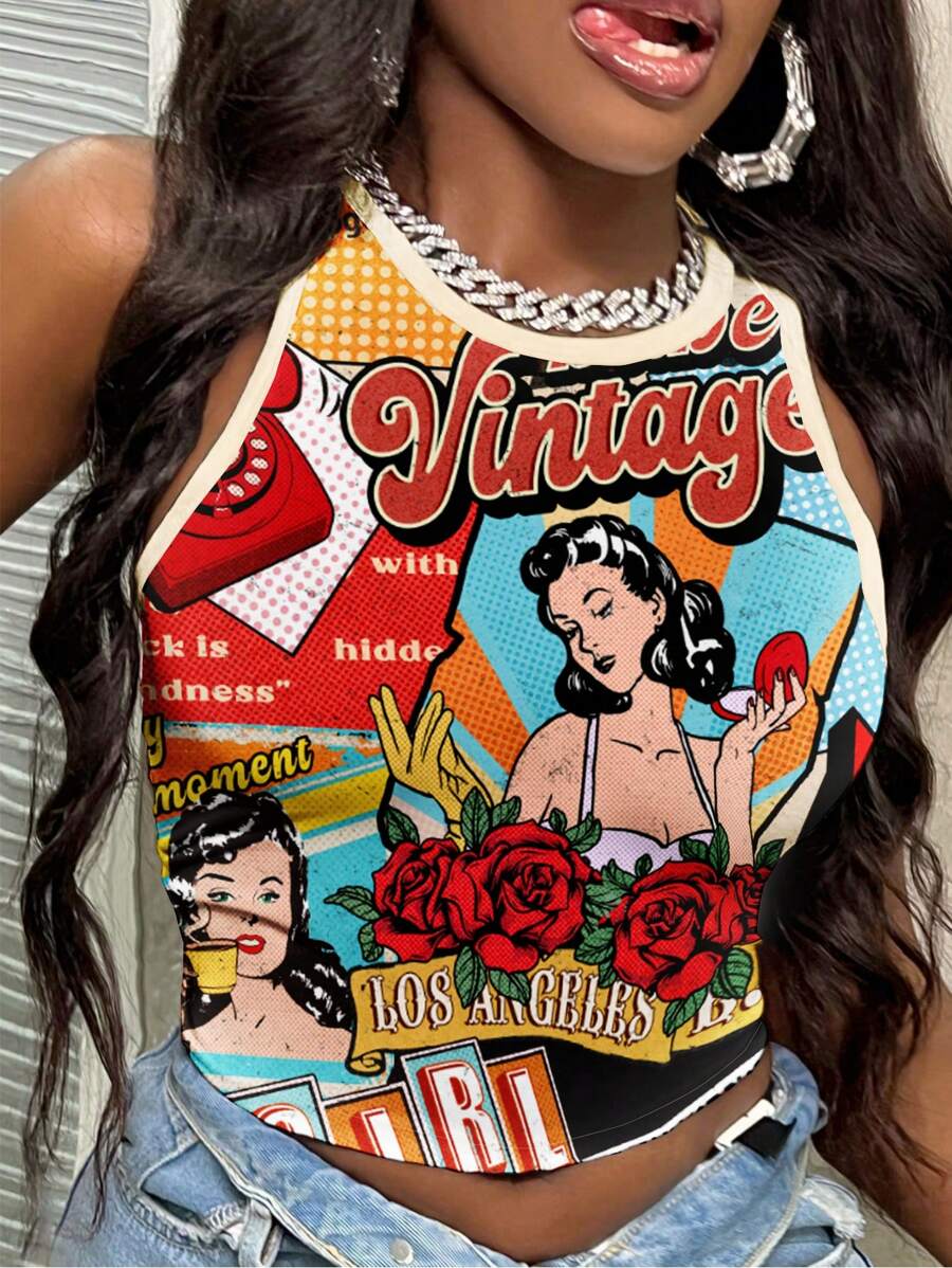 Slaydiva Plus Size Women Summer Casual Streetwear American Flag Graphic Ringer Crop Tank Top For Vacation Suitable For Going Out - Multicolor - View 1