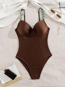 Swim Chiccia 闪亮纯色聚拢泳衣，带不可拆卸衬垫钢圈，前部可调节肩带，优雅适合海滩、泳池、派对，撞色装饰连体比基尼，适合女士 - 棕色 - 查看 3