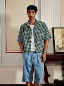 SWAVVY 男士梭织时尚休闲日常青年宽松短袖格子衬衫 - 綠色 - 查看 5