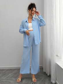 SHEIN Set de 2 piezas de top de manga larga y pantalones color azul cielo para maternidad, de tela texturizada - Azul - Ver 6