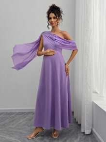 Momance French Elegant Chiffon Asymmetrical Ruffle Off-Shoulder Maternity Dress, Stylish For Everyday Wear - Purple - View 4