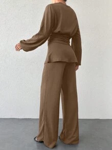 EURMUSE 女士休闲通勤长袖上衣和裤子两件套 - 摩卡棕 - 查看 2