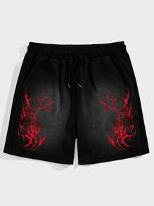 ROMWE MEN Street Life Quần short họa tiết ngôi sao thường ngày phong cách Goth mùa hè dành cho nam, Halloween - màu đen - Xem 1