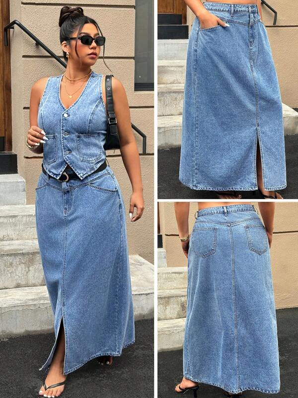 SHEIN ICON Plus-size distressed wash blauwe losse split denim A-lijn rok