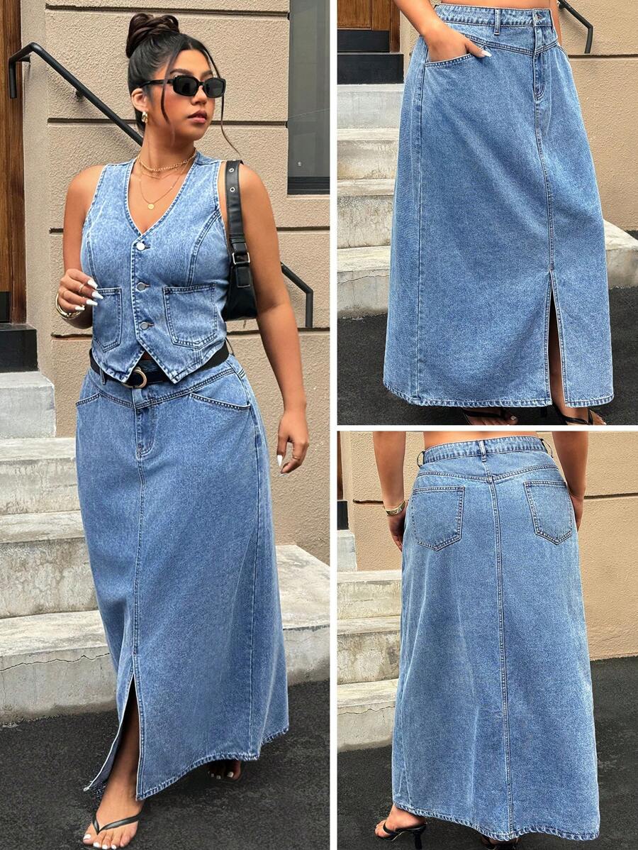 SHEIN ICON Plus Size Distressed Wash Blue Loose Slit Denim A-Line Skirt - Blue - View 1