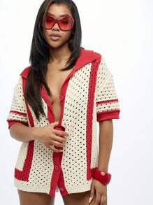 SUMWON WOMEN Retro Style Crochet Button Down Cover Up Vintage Inspired Open Knit Short Sleeve Summer Beach Cover Up Resort Wear Lightweight Sweater Top - White - View 5