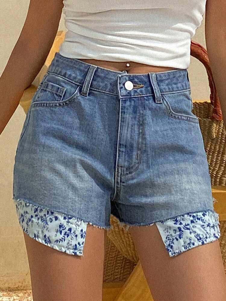 Women's Summer Frayed Floral Decor Pocket Embellished Casual Denim Shorts Jorts