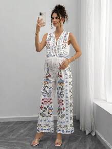 SHEIN 2件套孕妇花卉印花V领无袖上衣和长裤休闲套装 - 彩色 - 查看 1