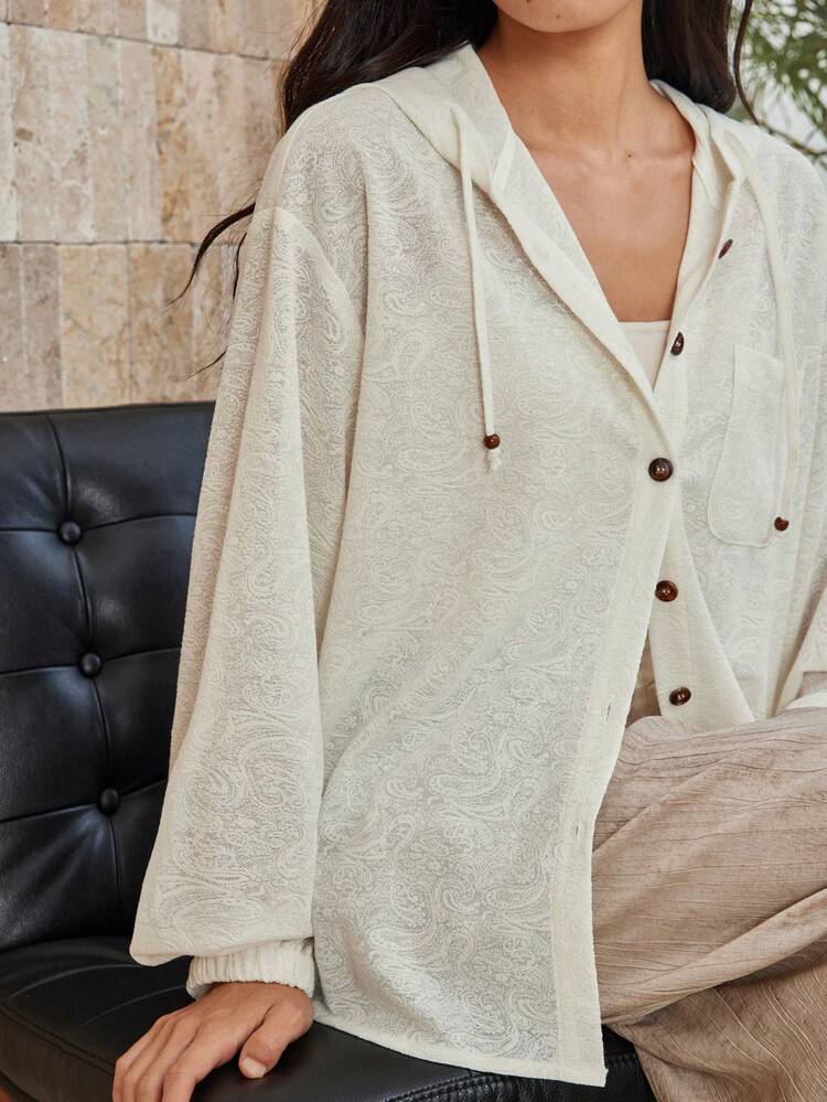 Women's Loose Casual Vacation Style Hooded Cover Up, Texture Jacquard All Over Ditsy Floral, Long Sleeve, Suitable For Spring, Summer, Autumn,Fall Women Clothes Business Casual Woman