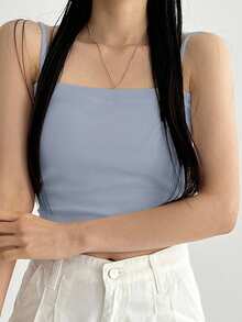 DAZY 女式夏季纯色短款修身吊带背心 - 霧霾藍 - 查看 4