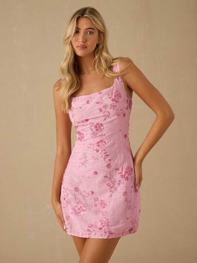 Enchnt Spring/Summer Romantic Women's Pink Sparkle Floral Sequin Embroidered Square Neck Sleeveless Backless Slim Fit Cute Mini Dress,Sweet&Elegant For Vacation&Date&Holiday&Party&Graduation&Wedding Guest&Beach,Prom Dress,Summer Dresses For Women,Sun Dresses For Women,Summer Clothes, ,Elegant Dresses For Party,Club Outfits Women Sexy
