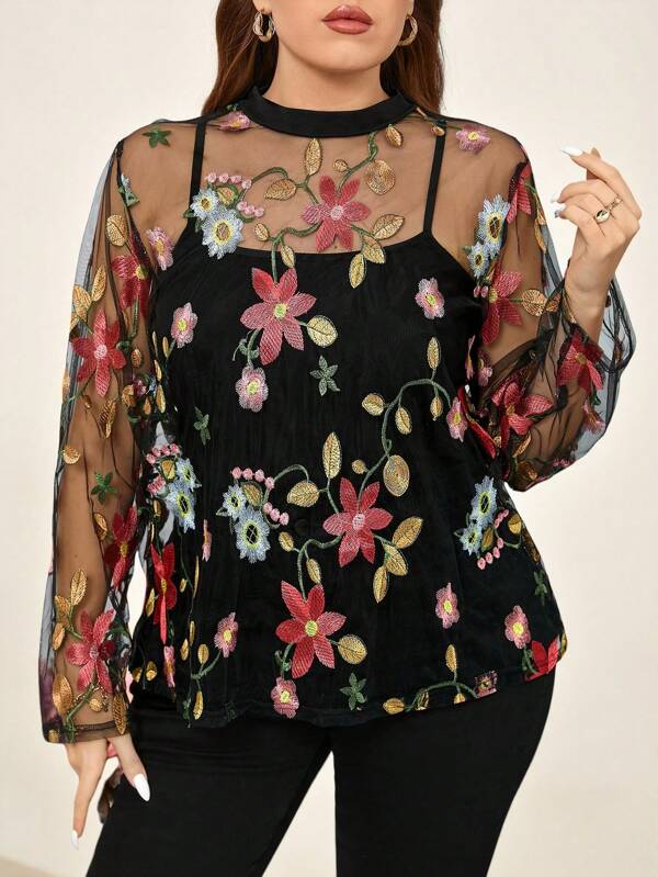 Chikora Curvy Plus Size Women's Round Neck Long Sleeve Floral Embroidery See-Through Long Sleeve Shirt,Going Out Outfits,Valentine's Day,Lover,Summer/Spring,Vintage,Work Clothes Women,Old Money Style Women,Office,Vacation,Valentines Clothes,Sheer Top