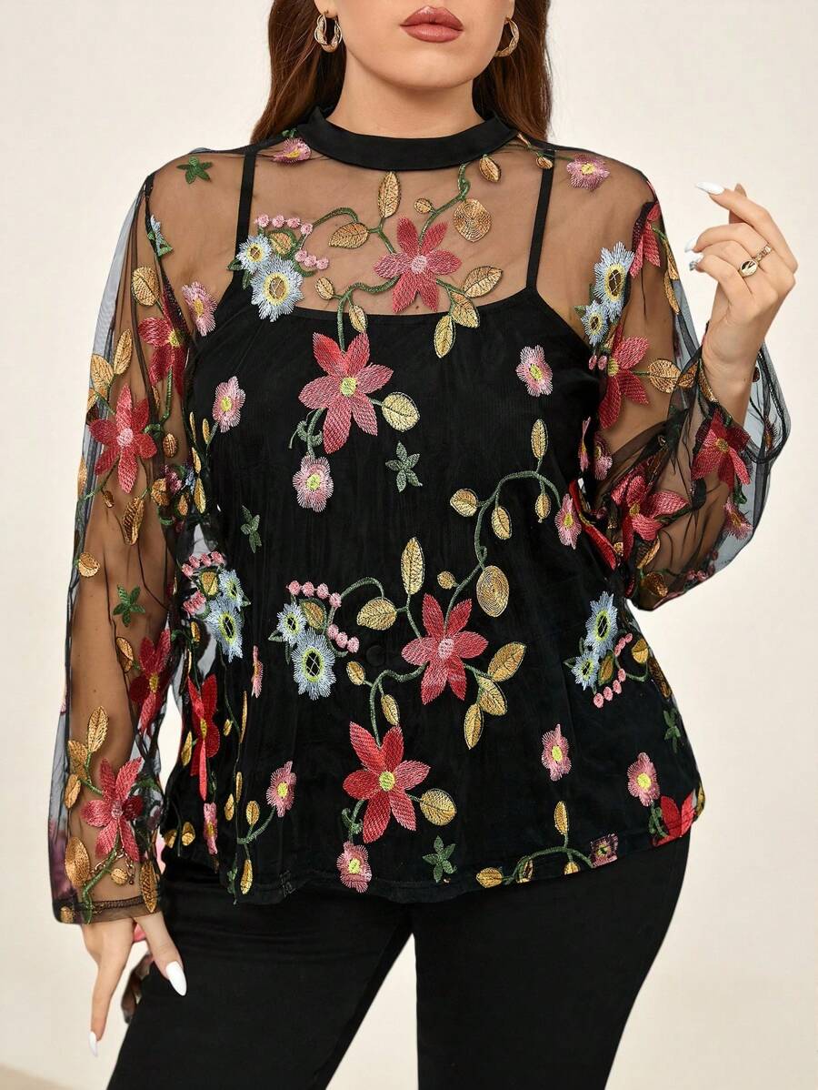 Chikora 曲线加大码女式圆领长袖花卉刺绣透视长袖衬衫，外出服，情人节，情人，夏季/春季，复古，女式工作服，老钱风格女装，办公室，度假，情人节服装，透视上衣